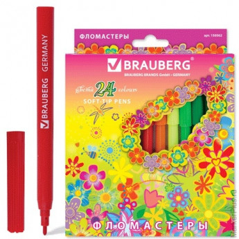 Фломастеры BRAUBERG "Blooming flowers", 24 цвета, вентилируемый колпачок, картонная упаковка с радужной фольгой, 150562