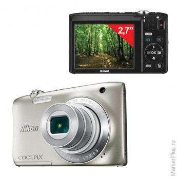 Фотоаппарат компактный NIKON CoolPix А100, 20,1 Мп, 5x zoom, 2,7" ЖК-монитор, HD, серебристый, VNA97