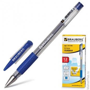 Ручка гелевая BRAUBERG 'Number One', корпус прозрачный, 0,5 мм, резиновый держатель, синяя, 141193