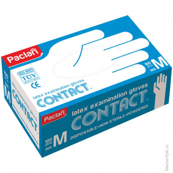 Перчатки одноразовые Paclan "Contact" латексные М, 100шт., картон. коробка