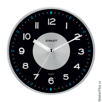 Часы настенные SCARLETT SC-55E, круг, черные, серебристая рамка, плавный ход, 32,0х32,0х5,1 см