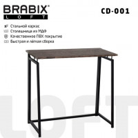 Стол на металлокаркасе BRABIX 'LOFT CD-001' (ш800*г440*в740мм), складной, цвет морёный дуб, 641209