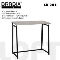 Стол на металлокаркасе BRABIX 'LOFT CD-001' (ш800*г440*в740мм), складной, цвет дуб антик