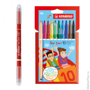 Фломастеры двусторонние STABILO "Trio", 10 цветов, капиллярная ручка с другой стороны, 222/10-01