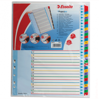 Разделитель документов для папок картонный ESSELTE, А4+, цифровой 1-31, с ламинированным оглавлением