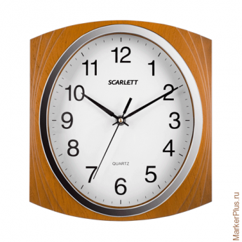 Часы настенные SCARLETT SC-55RB квадрат, белые, коричневая рамка, плавный ход, 27,3х24,9х4,3 см