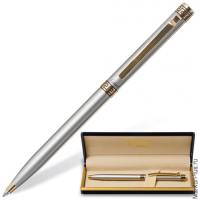 Ручка подарочная шариковая GALANT 'Brigitte', тонкий корпус, серебристый, золотистые детали, пишущий узел 0,7 мм, синяя, 141009