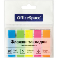 Флажки-закладки OfficeSpace, 45*12мм, 20л*5 неоновых цветов, европодвес, 5 шт/в уп