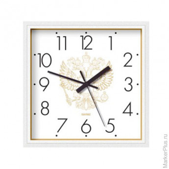 Часы настенные САЛЮТ П-2А8-184, квадрат, белые с рисунком "Герб", белая рамка, 28х28х4 см