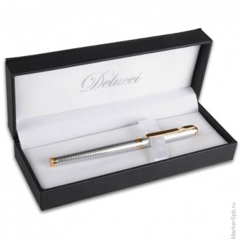 Ручка перьевая Delucci черная, 0,8 мм, корпус серебро/золото, подар. уп.