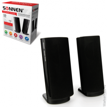 Колонки компьютерные SONNEN SP-С1, 2.0, 2х2 W, пластик, черные, разъем для наушников, 511328