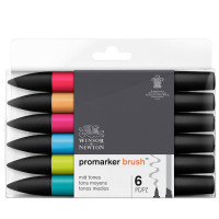 Набор маркеров-кистей худ двухсторонние Winsor&Newton 'PromarkerBrush', спиртовые, скошенный/кисть 6 цветов, основные оттенки