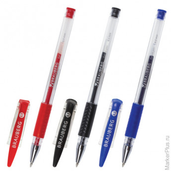 Ручки гелевые BRAUBERG 'Number One', набор 3 шт., упаковка ассорти с европодвесом (синяя, черная, красная), 141305, комплект 3 шт