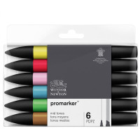 Набор художественных маркеров двухсторонних Winsor&Newton 'Pro', пулевидный/скошенный, 2мм/7мм, 6 цветов, основный оттенки