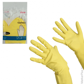 Перчатки хозяйственные резиновые VILEDA 'Контракт' с х/б напылением, размер L (большой), желтые, 101