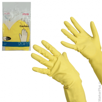 Перчатки хозяйственные резиновые VILEDA 'Контракт' с х/б напылением, размер M (средний), желтые, 101