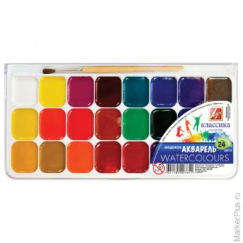 Краски акварельные ЛУЧ "Классика", 24 цвета, медовые, с кистью, пластиковая коробка, 19С1295-08