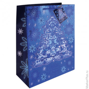 Пакет подарочный ламинированный, 26х32,4х12,7 см, "Елочка в голубом", плотный, с тиснением, 75373