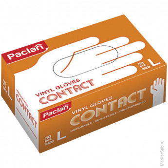 Перчатки одноразовые Paclan "Contact" виниловые неопудренные L, 50шт., картон. коробка