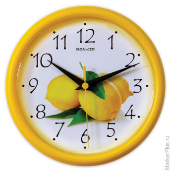Часы настенные САЛЮТ ПЕ-Б2-202, круг, белые с рисунком "Лимон", желтая рамка, 24,5х24,5х3,5 см