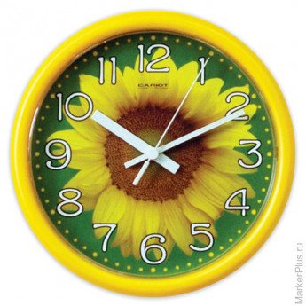 Часы настенные САЛЮТ ПЕ-Б2-225, круг, зеленые с рисунком "Подсолнух", желтая рамка, 24,5х24,5х3,5 см