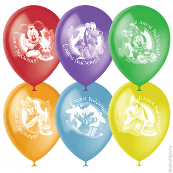 Воздушные шары, 50шт., М12/30см, Поиск Disney "С Днем Рождения", ассорти, пастель+декор, растровый