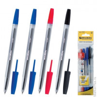 Ручки шариковые BRAUBERG, набор 4 шт., 'Line', корпус прозрачный, 1,0 мм, европодвес, 2 синие, черная, красная, 141100, комплект 4 шт