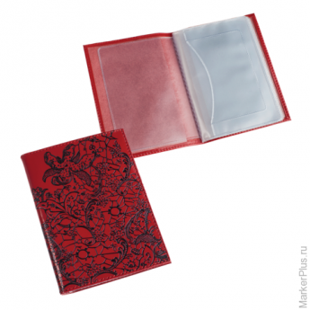Бумажник водителя BEFLER "Гипюр", натуральная кожа, тиснение, 6 пластиковых карманов, красный, BV.38