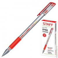 Ручка гелевая STAFF, корпус прозрачный, резиновый держатель, красная, 141824, 18 шт/в уп