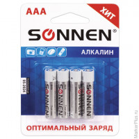 Батарейки SONNEN, AAA (LR03), комплект 4 шт., АЛКАЛИНОВЫЕ, в блистере, 1,5 В, 451088, комплект 4 шт