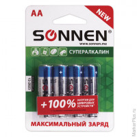 Батарейки КОМПЛЕКТ 4 шт., SONNEN Super Alkaline, АА (LR6,15А), алкалиновые, пальчиковые, блистер, 451094, комплект 4 шт