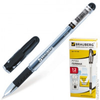Ручка гелевая BRAUBERG 'Geller', корпус прозрачный, игольчатый пишущий узел 0,5мм, резиновый держатель, черная, 141180, 12 шт/в уп