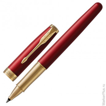 Ручка-роллер PARKER "Sonnet Lacquer GT", корпус красный лак, нержавеющая сталь, позолоченные детали, 1948085, черная