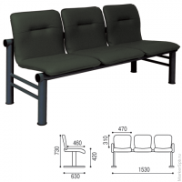 Кресло для посетителей трехсекционное "Троя", 730х1530х630 мм, черный каркас, кожзам черный, СМ 105-