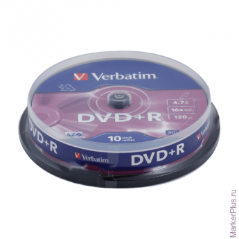 Диск DVD+R (плюс) VERBATIM, 4,7 Gb, 16x, 10 шт., Cake Box, 43498, комплект 10 шт
