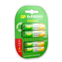 Батарейки аккумуляторные GP ReEnergy Ni-Mh НАБОР 8 шт. (ПРОМО 4+4), AA+ААА (HR6+HR03), 2000 mAh + 750 mAh, 210AAHC/75AAAHC, комплект 8 шт Батарейки аккумуляторные GP ReEnergy Ni-Mh НАБОР 8 шт. (ПРОМО 4+4), AA+ААА (HR6+HR03), 2000 mAh + 750 mAh, 210AAHC/75AAAHC, комплект 8 шт