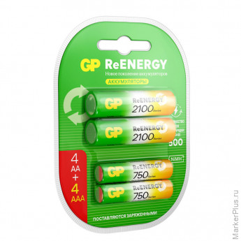 Батарейки аккумуляторные GP ReEnergy Ni-Mh НАБОР 8 шт. (ПРОМО 4+4), AA+ААА (HR6+HR03), 2000 mAh + 750 mAh, 210AAHC/75AAAHC, комплект 8 шт