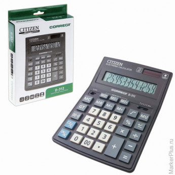 Калькулятор CITIZEN настольный Correct D-312, 12 разрядов, двойное питание, 155x205 мм, черный пласт