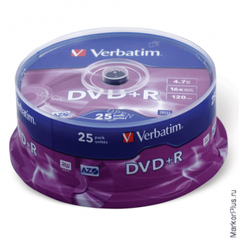 Диск DVD+R (плюс) VERBATIM, 4,7 Gb, 16x, 25 шт., Cake Box, 43500, комплект 25 шт