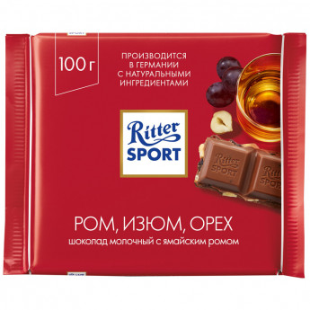 Шоколад Ritter Sport "Ром, изюм, орех", молочный, 100г, 12 шт/в уп