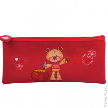 Пенал-косметичка BRAUBERG (БРАУБЕРГ) для учениц начальной школы, красный, "Мишка", 21х10 см, 225341