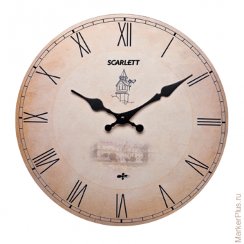 Часы настен. SCARLETT SC-25P круг, бежевые с рисунком, плавный ход, 30.0x30.0x4.1 см