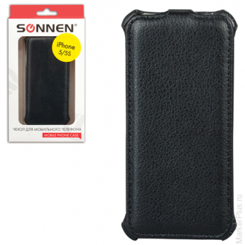 Чехол-обложка для телефона iPhone 5/5S SONNEN, кожзаменитель, вертикальный, черный, 261968