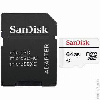 Карта памяти microSDXC, 64 GB, SANDISK, скорость передачи данных 20 Мб/сек. (class10), с адаптером, 