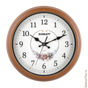 Часы настенные SCARLETT SC-25Q круг, белые с рисунком, коричневая рамка, плавный ход, 30,0х30,0х5 см