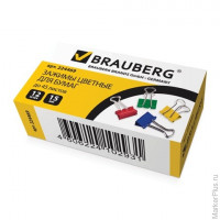 Зажимы для бумаг BRAUBERG, комплект 12 шт., 15 мм, на 45 л., цветные, в картонной коробке, 224469