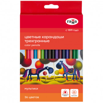 Карандаши цветные Гамма 'Мультики', 36цв., трехгранные, заточен., картон. упак., европодвес