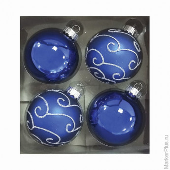 Шары елочные, набор 4 шт., стекло, диаметр 6 см, цвет темно-синий, с рисунком глиттером, ассорти, 76