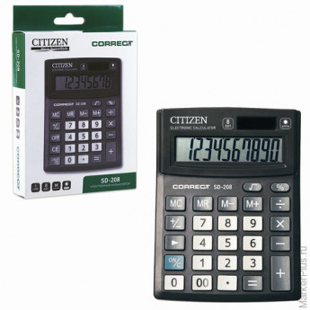 Калькулятор CITIZEN настольный Correct SD-208, 8 разрядов, двойное питание, 103x138 мм, черный, SD-2