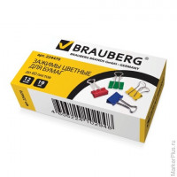 Зажимы для бумаг BRAUBERG, комплект 12 шт., 19 мм, на 60 л., цветные, в картонной коробке, 224470